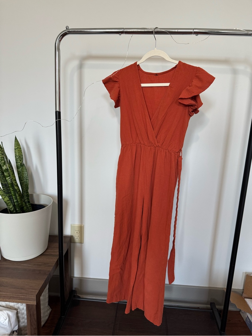Rust Wrap-Front Midi Dress with Ruffle Sleeves